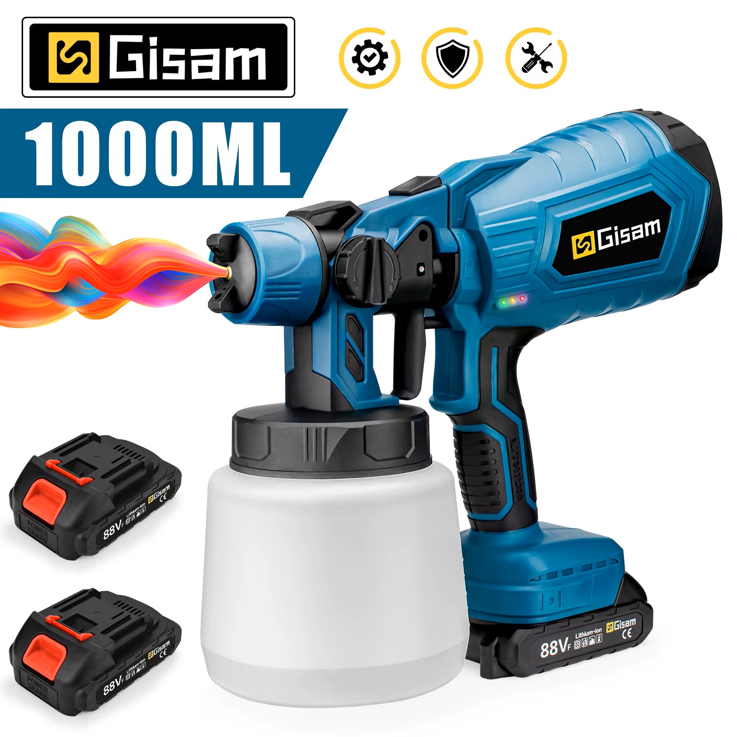 GISAM Bezprzewodowy elektryczny pistolet natryskowy, 1000ML przenośny domowy rozpylacz HVLP do malowania, aerograf do samochodów mebli i powłok stalowych, kompatybilny z akumulatorem Makita 18V