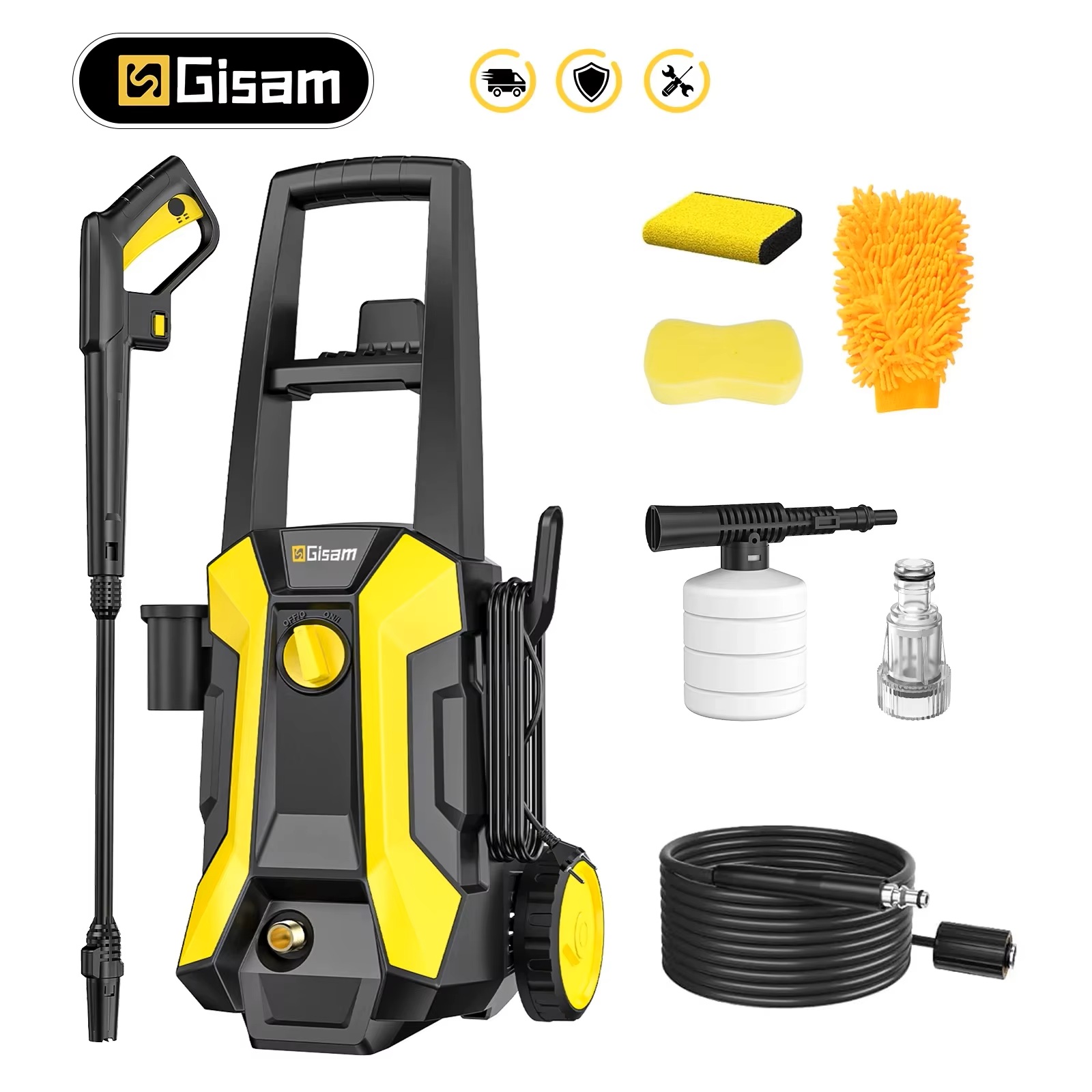 Myjka wysokociśnieniowa elektryczna GISAM 180 barów, moc 2200 W, pistolet do mycia samochodów, pistolet do czyszczenia ogrodu, dysza regulowana w zakresie 180°