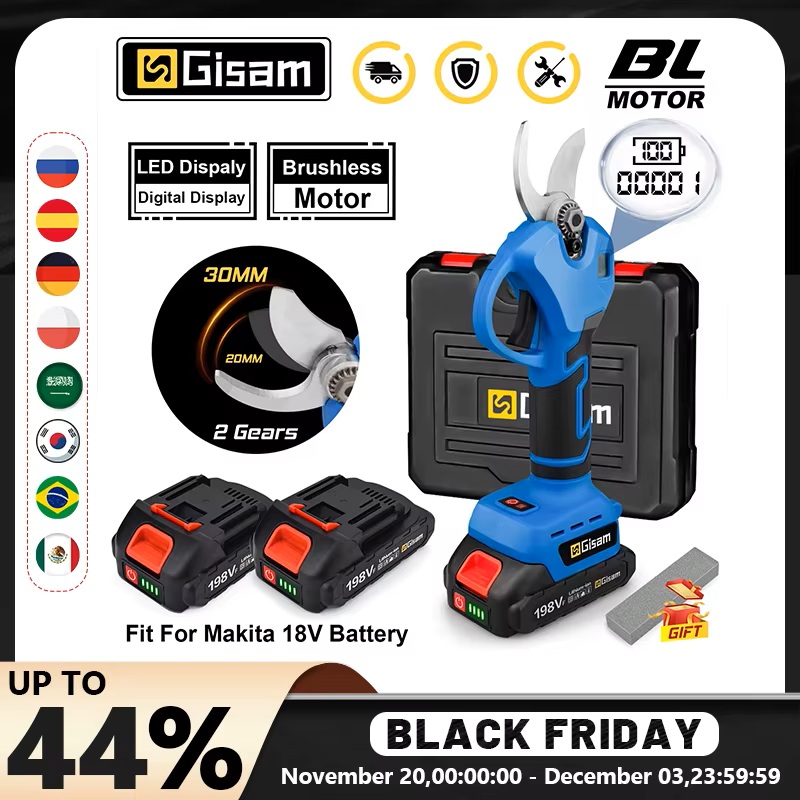 GISAM Sekator elektryczny 30mm, 2 biegi, cyfrowy silnik bezszczotkowy, bezprzewodowe nożyce do drzew owocowych i bonsai, kompatybilny z akumulatorem Makita 18V