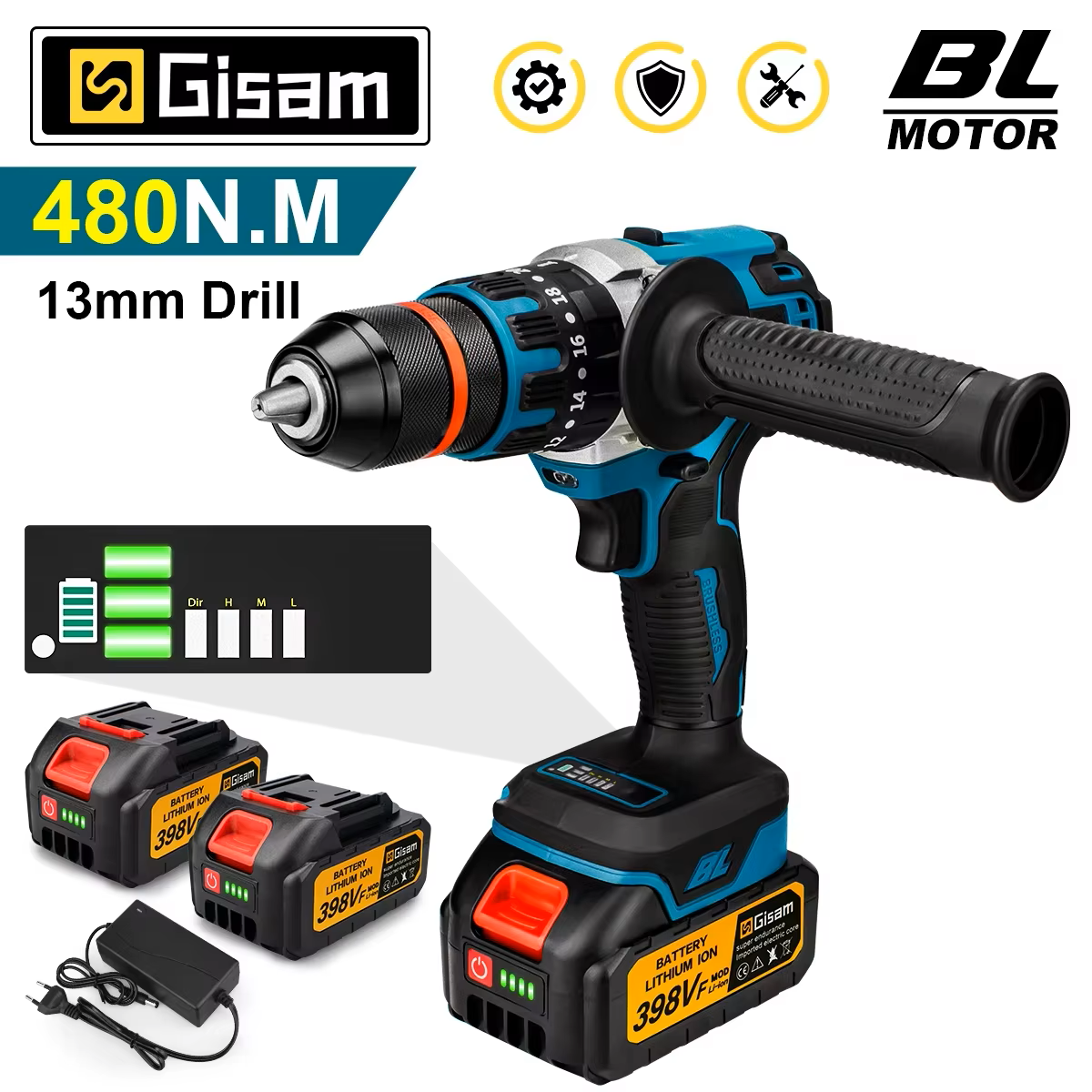 GISAM Bezszczotkowa elektryczna wiertarka udarowa 13mm 480N.m, bezprzewodowa wiertarka i wkrętak elektryczny DIY, narzędzie kompatybilne z pinem akumulatora Makita 18V