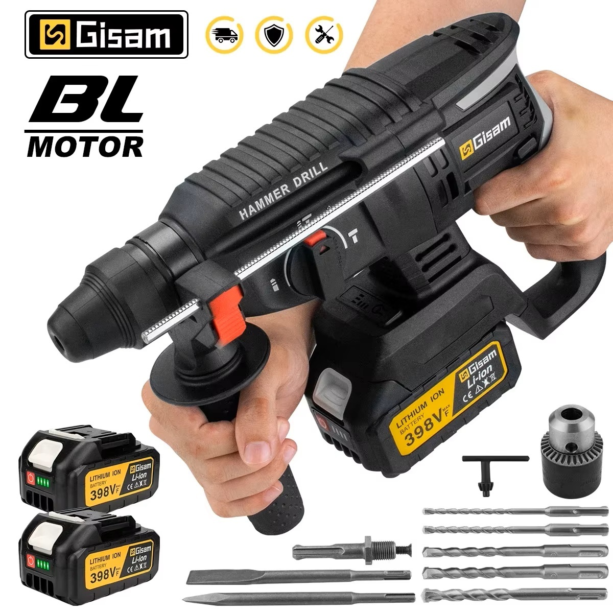 GISAM Młot udarowy bezszczotkowy 26MM 21V, bezprzewodowa wiertarka udarowa 4 funkcje, do stali betonu drewna, kompatybilna z akumulatorem Makita 18V pin