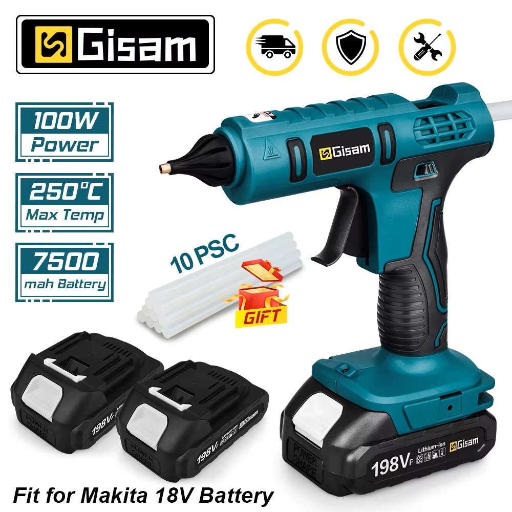 GISAM Elektryczny pistolet do kleju na gorąco 100W, bezprzewodowy pistolet klejowy z laskami kleju 11mm, narzędzie do napraw DIY kompatybilne z akumulatorem Makita 18V