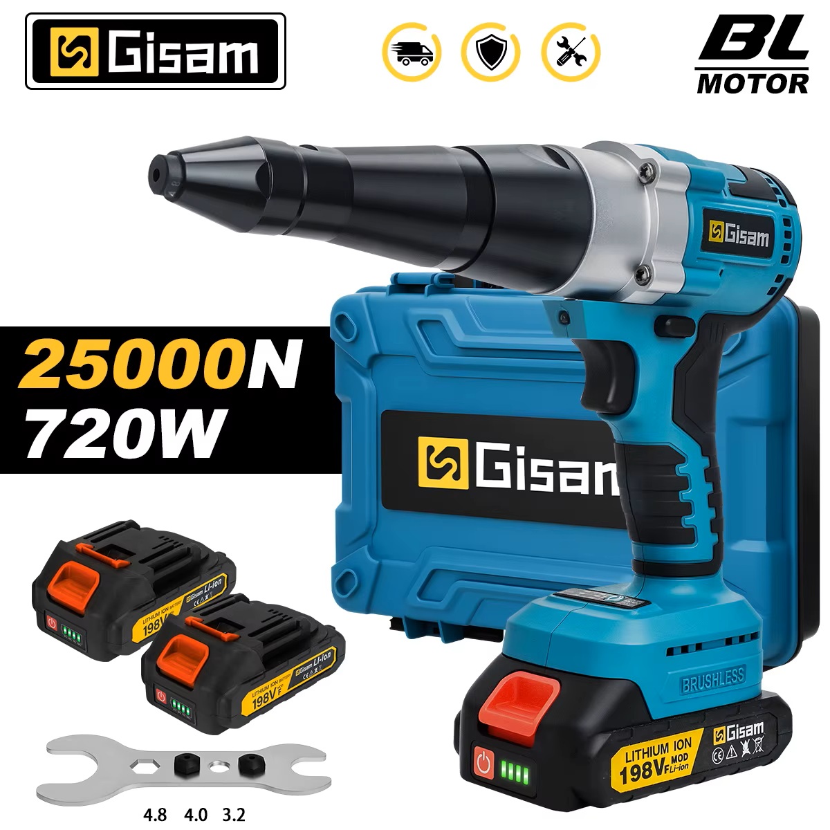 GISAM Bezszczotkowa elektryczna nitownica 20000N 720W, bezprzewodowa nitownica do nitów i nitonakrętek 2.4–4.8mm, narzędzie do osadzania kompatybilne z akumulatorem Makita 18V