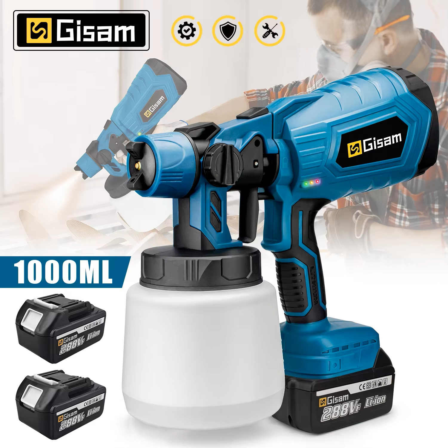 GISAM Elektryczny pistolet natryskowy, 1000ML bezprzewodowy rozpylacz HVLP do malowania, aerograf do domu samochodów mebli i powłok stalowych, kompatybilny z pinem akumulatora Makita 18V