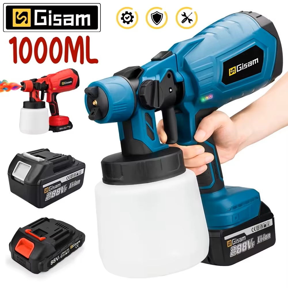 GISAM Elektryczny bezprzewodowy pistolet natryskowy, 1000ML rozpylacz HVLP do malowania, narzędzie aerograf do powłok meblowych, kompatybilny z pinami akumulatora Makita 18V