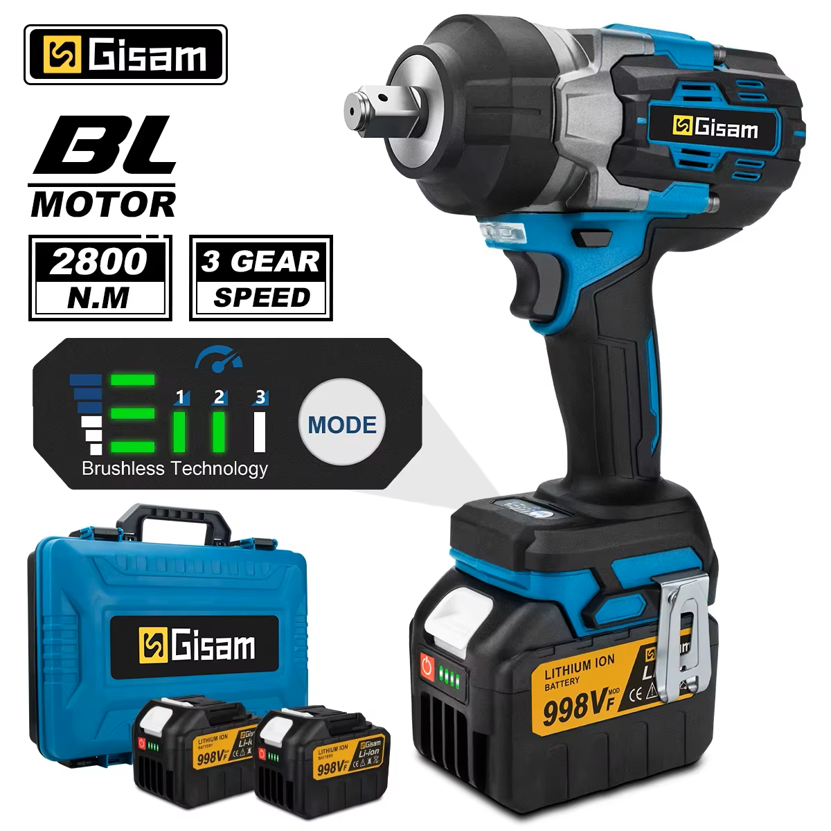 GISAM Bezszczotkowy elektryczny klucz udarowy 2800N.m 1/2 cala, bezprzewodowy klucz wkrętak elektryczny, kompatybilny z pinem akumulatora Makita 18V