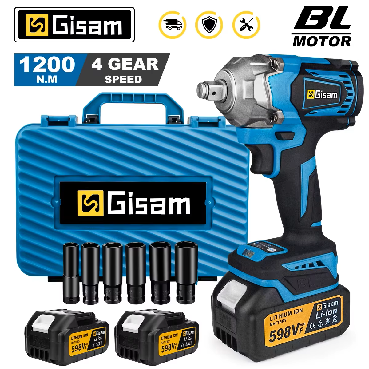GISAM Bezszczotkowy elektryczny klucz udarowy 1200N.m 1/2 cala, bezprzewodowy klucz wkrętak elektryczny, kompatybilny z pinem akumulatora Makita 18V