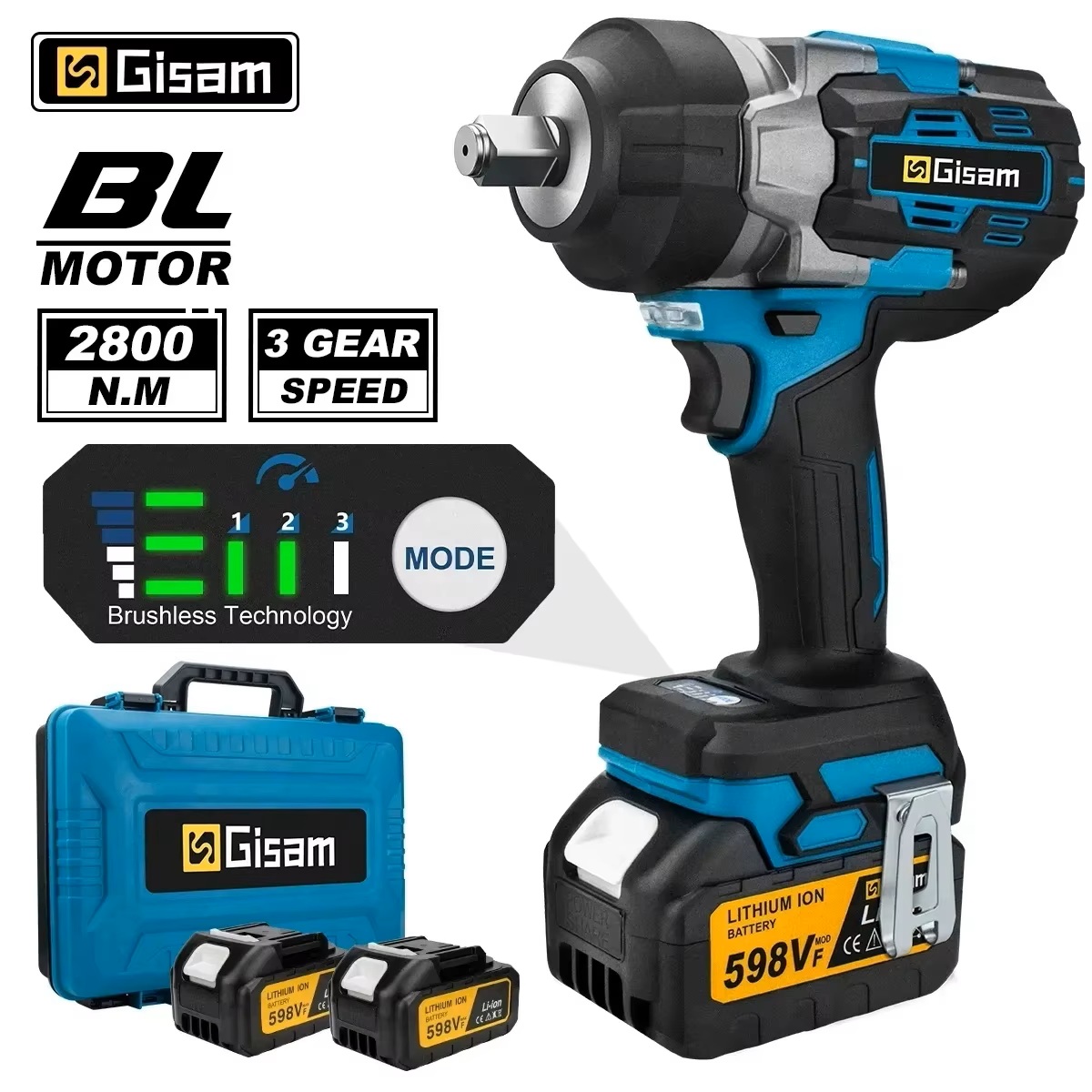 GISAM Bezszczotkowy elektryczny klucz udarowy 2800N.m 1/2 cala, bezprzewodowy klucz wkrętak wiertarka elektryczna, kompatybilny z pinem akumulatora Makita 18V