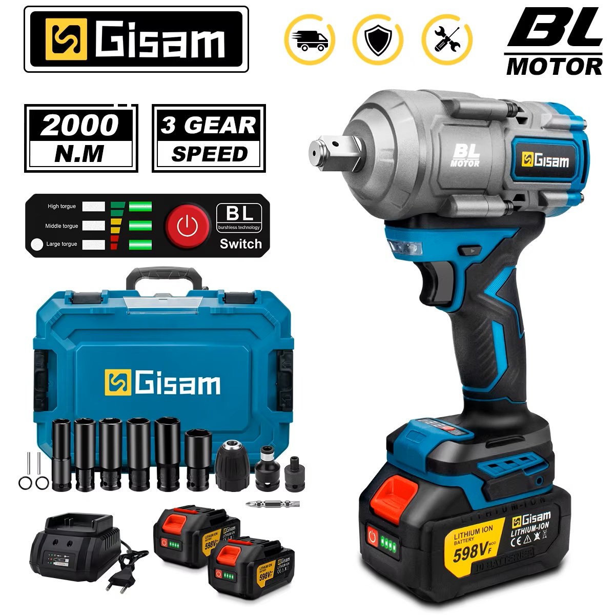GISAM Bezszczotkowy elektryczny klucz udarowy 2000N.m 1/2 cala, bezprzewodowy klucz wkrętak elektryczny, kompatybilny z pinem akumulatora Makita 18V