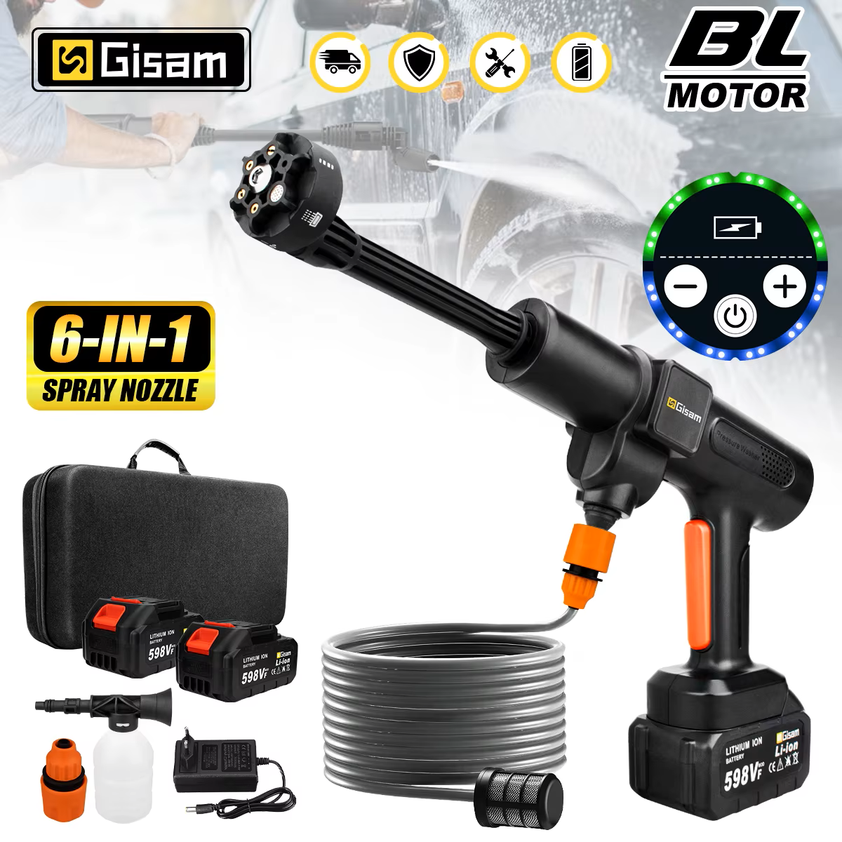 GISAM Myjka wysokociśnieniowa elektryczna 200Bar, bezszczotkowy silnik, 3 biegi, pistolet do mycia samochodu 6 w 1, pistolet wodny, kompatybilna z akumulatorem Makita 18V