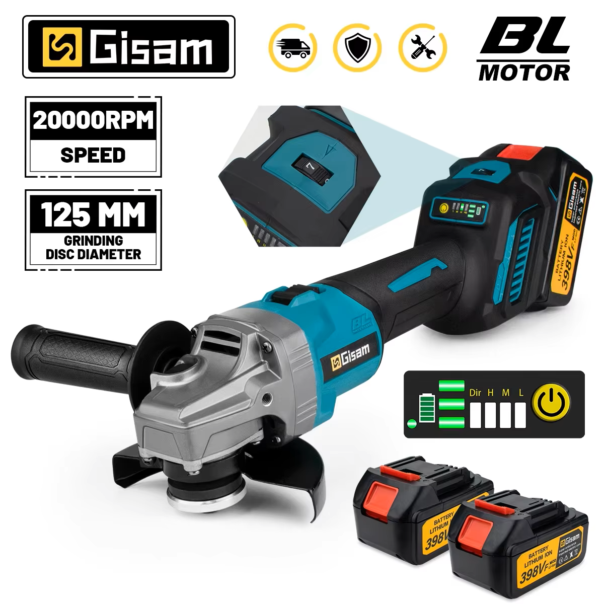 GISAM Bezszczotkowa szlifierka kątowa elektryczna 125mm, 7 biegów, ładowalna szlifierka polerska, kompatybilna z pinem akumulatora Makita 18V