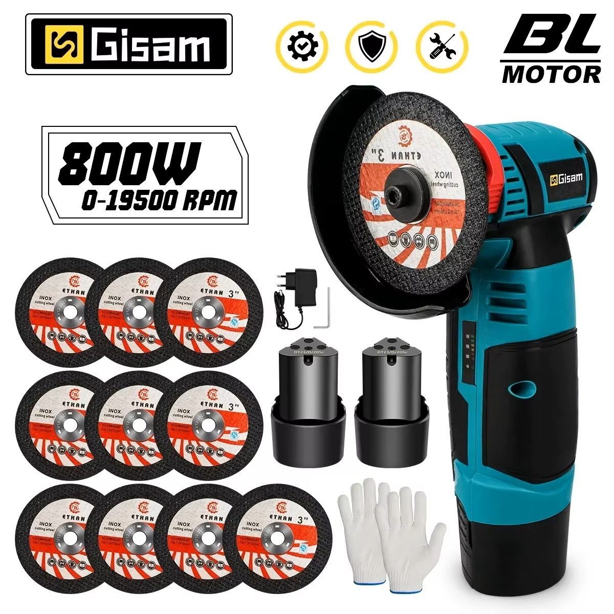 GISAM Bezszczotkowa szlifierka kątowa 125mm, 4 biegi, bezprzewodowa szlifierka elektryczna do polerowania i cięcia, kompatybilna z pinem akumulatora Makita 18V