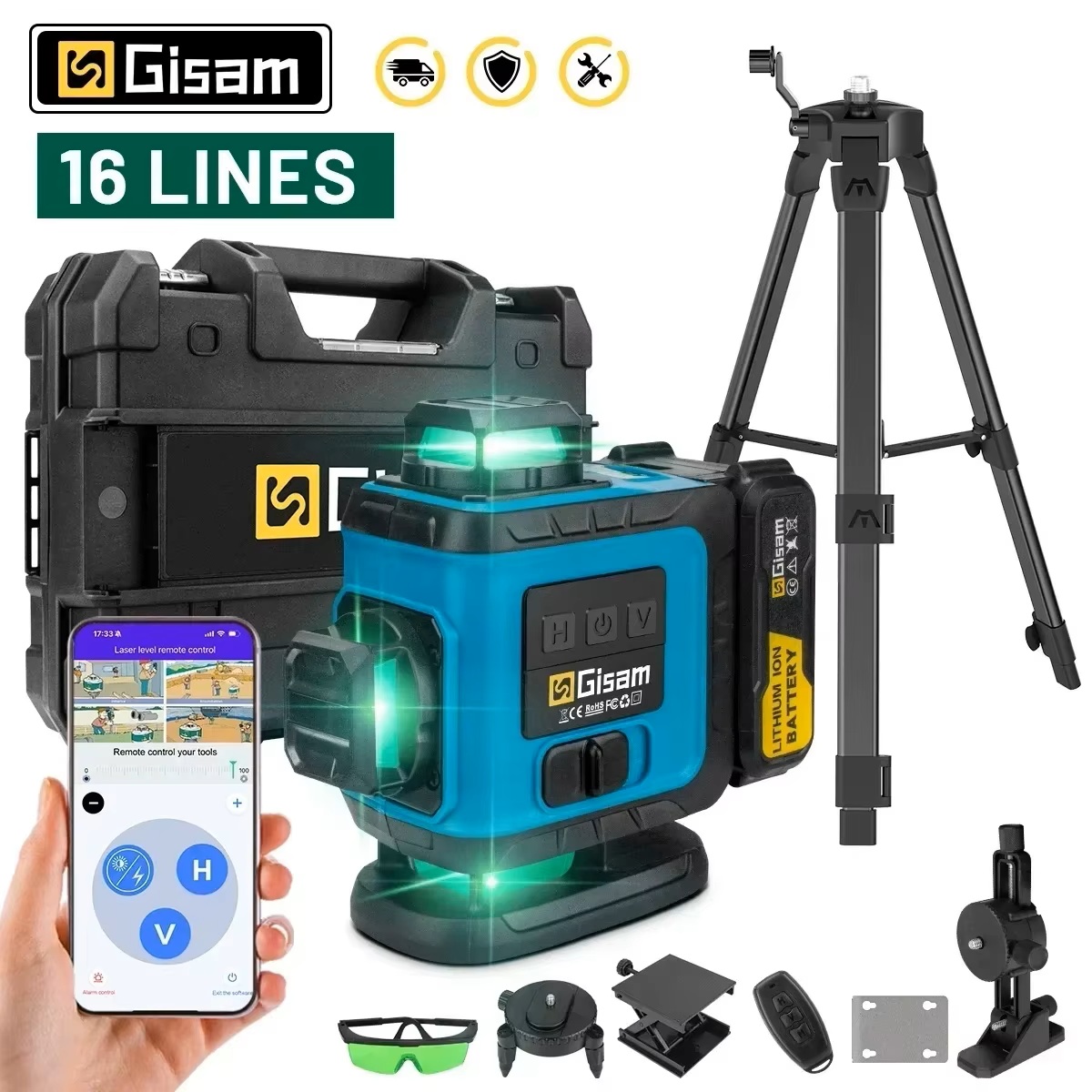 GISAM Poziomica laserowa 1420, 16 linii 4D ze statywem, zielone samopoziomujące światło krzyżowe 360° poziome i pionowe, mocna wiązka pomiarowa